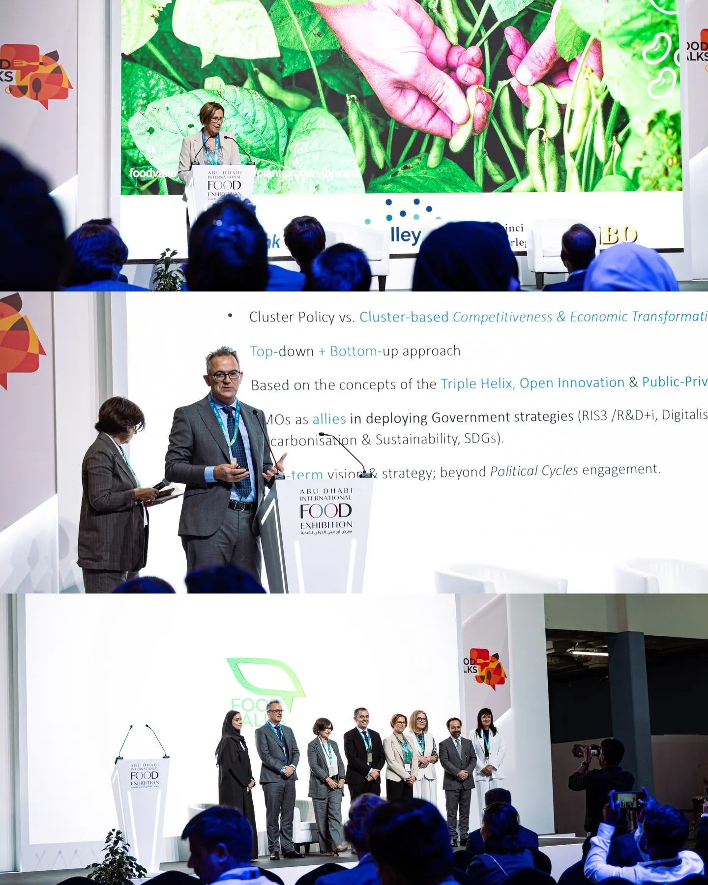 Three photographs from a food industry exhibition: a stage session, the floor and a speaker