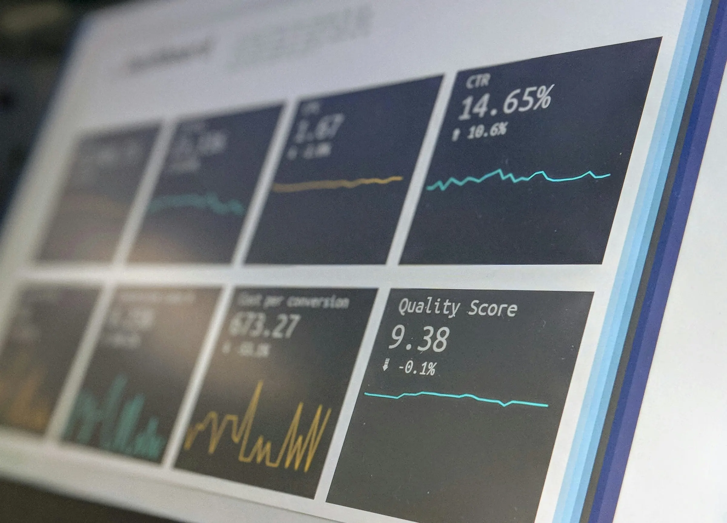Close-up of a campaign analytics dashboard showing metric tiles and trend sparklines