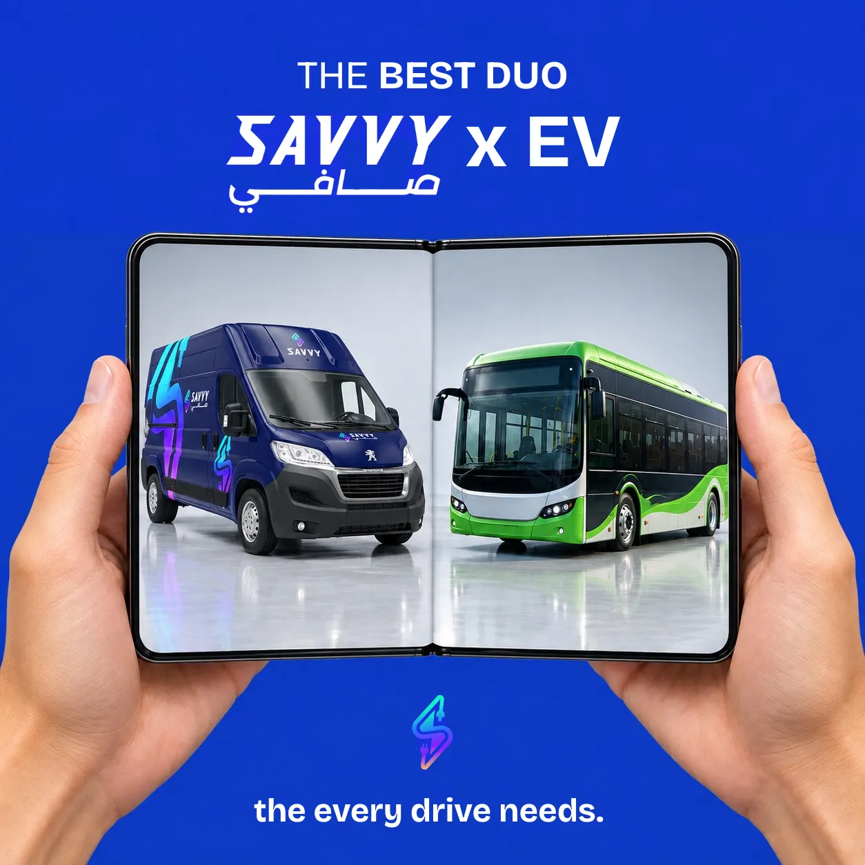 Social campaign creative showing a branded van and an electric bus for an EV charging brand