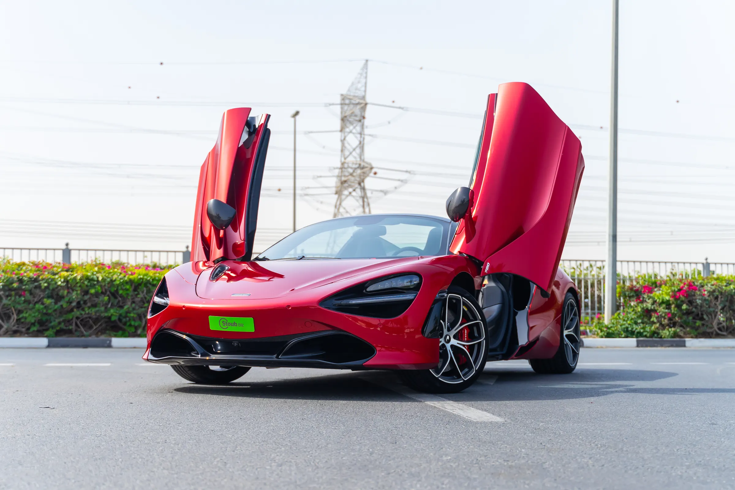Red supercar photographed with its dihedral doors raised at the roadside